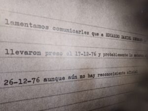Texto mecanografiado informando sobre la desaparición y probable muerte de Eduardo Daniel Germano.