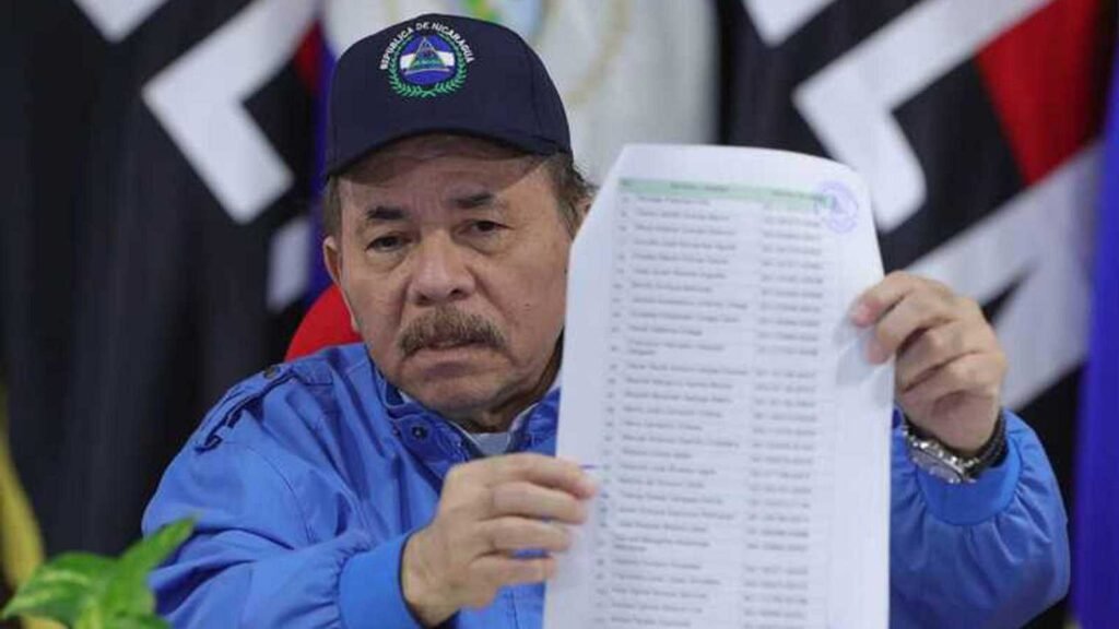 Daniel Ortega mostrando una lista con nombres durante un evento público en Nicaragua.