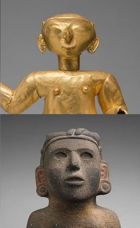 Dos esculturas precolombinas: una figura de oro brillante y una estatua de piedra oscura.