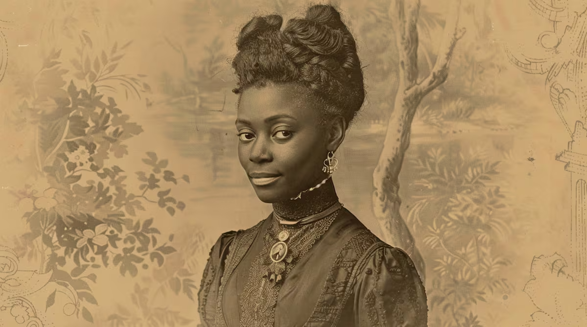 Retrato sepia de una mujer negra vestida con ropa de época, con un fondo floral y un peinado elaborado.